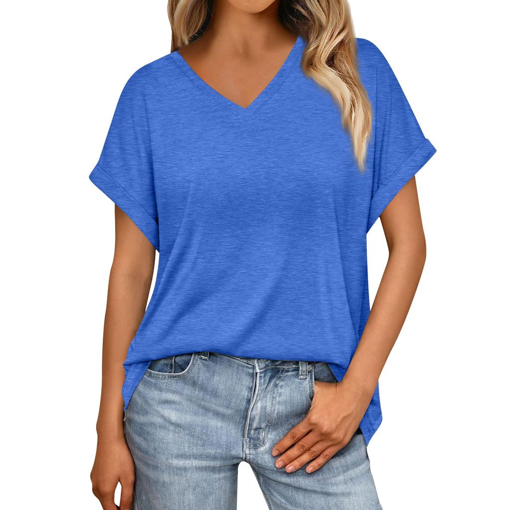 Women's Summer Fashion Solid Color V-Neck Loose Short Sleeve T-Shirt Top