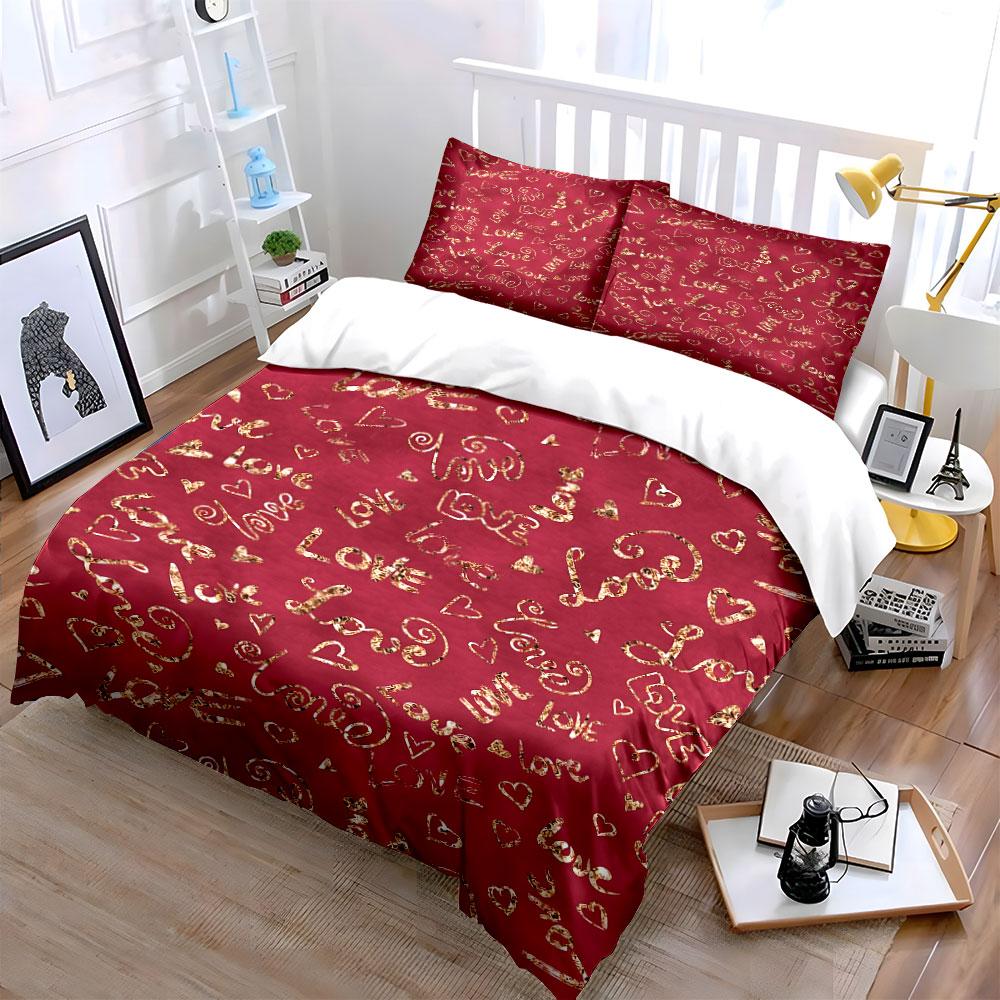 Red Bedding Set with Love Design Bedding Duvet Cover Set Duvet Cover Pillowcases (1 * Duvet Cover 2 * Pillowcases, without duvet insert)