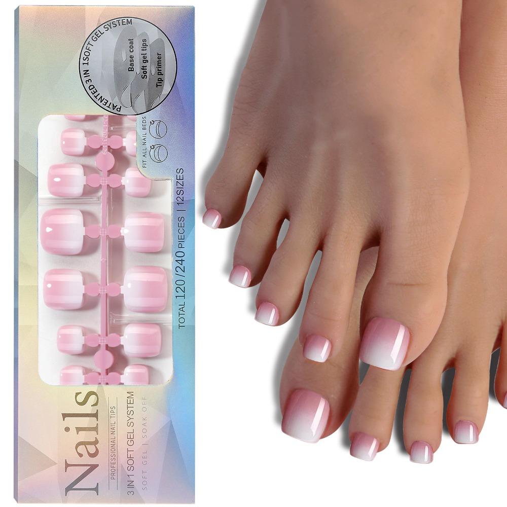 12 Sizes Fake Toe Nails Light Pink French Toe Nails Natural Gel Toenail Tips For Women