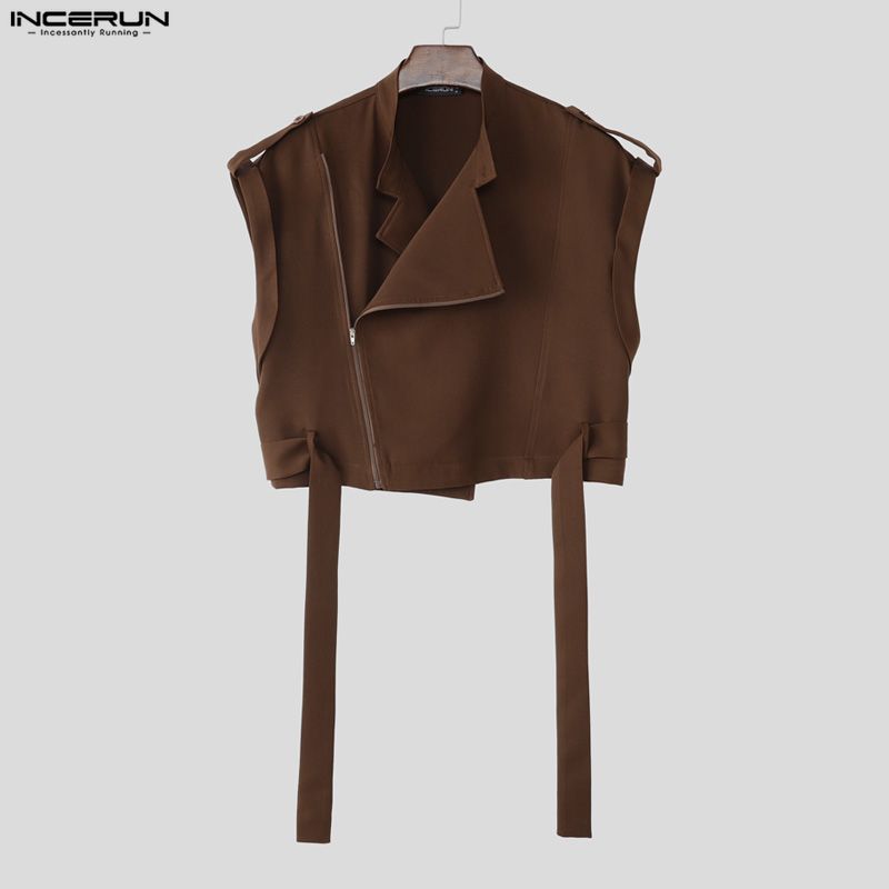 INCERUN Two Pieces Sets Men Zip-up Sleeveless Cropped Waistcoat and Long Cargo Pants Outfits