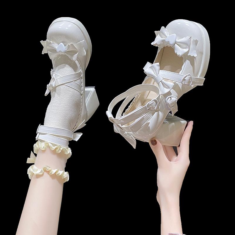 Small Leather Shoes Bow Cute Mary Jane Shoes 2025 New Loli Women Sweet Lace Edge Thick Heel Buckle Leather Shoes