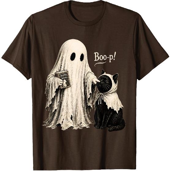 Vintage Halloween Spooky Book Ghost with Black Cat Boo-p T-Shirt
