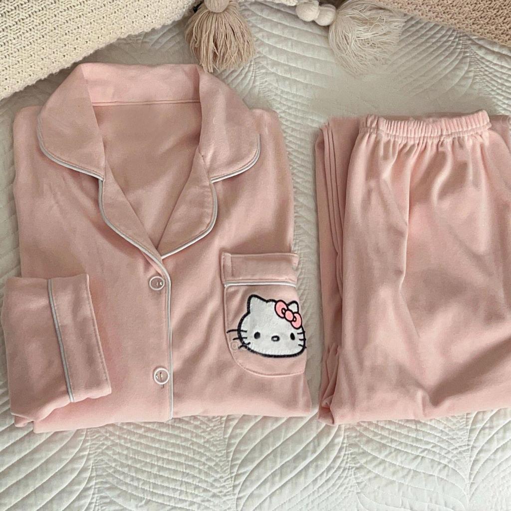 Женская велюровая пижама Hello Kitty - Коралловый флис, Толстая, с длинным рукавом, для осенне-зимней домашней одежды.