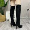 Новые модные и удобные женские черные сапоги выше колена с подкладкой на осень и зиму на высоком каблуке в корейском стиле