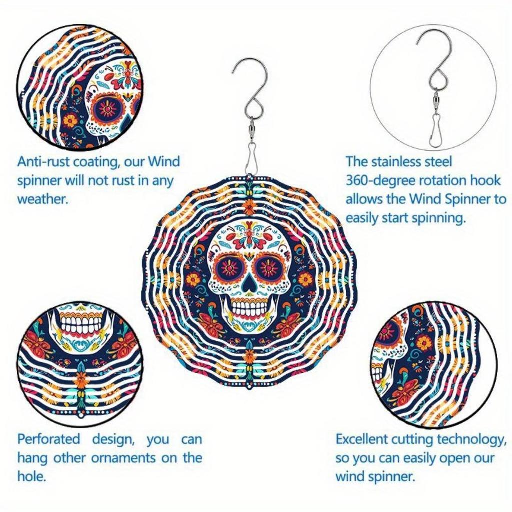 2D Metal Sugar Skull Wind Chime with Floral Design Colorful Wind-Powered Hanging Decor for Garden Patio Holiday