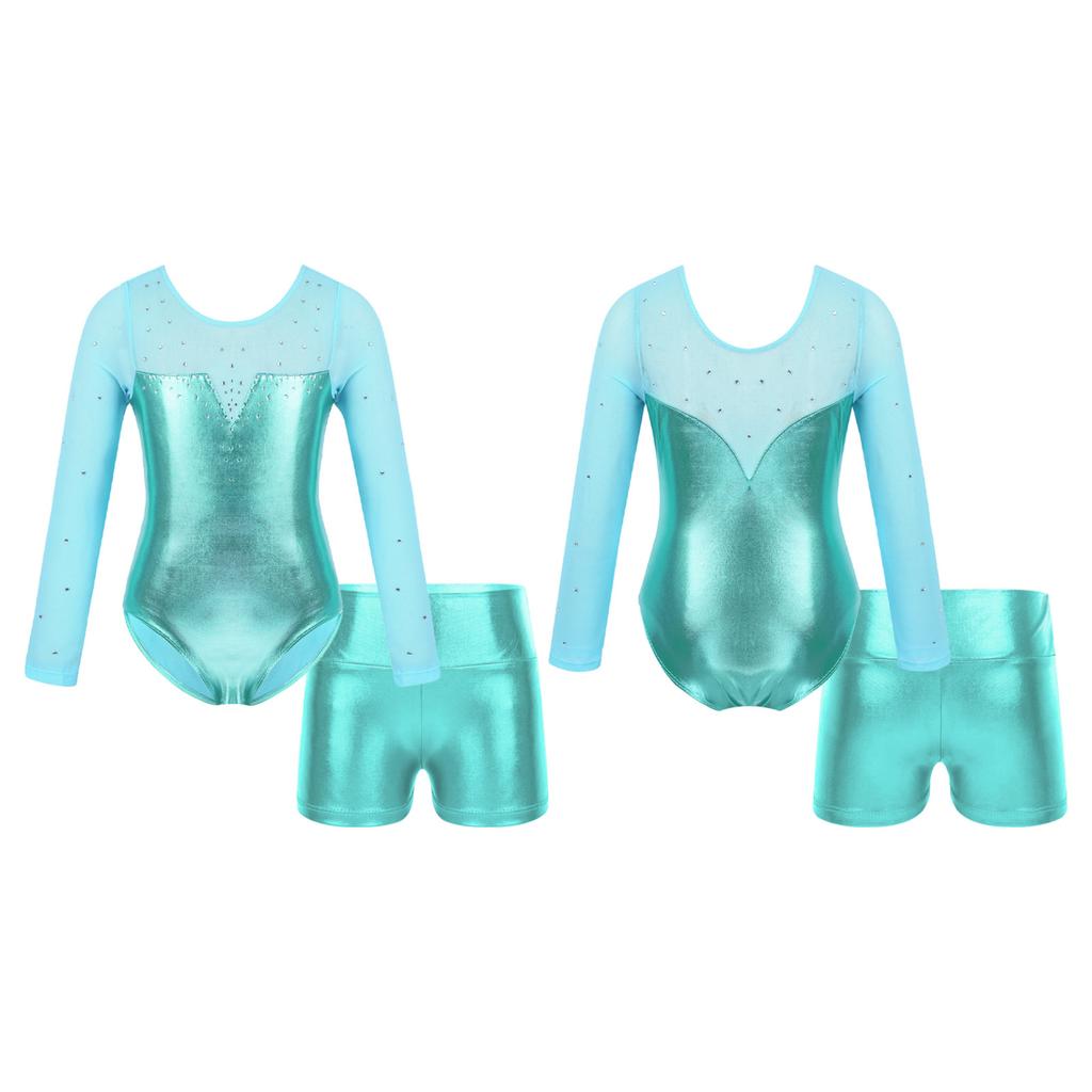 Детский комплект танцевальной одежды для девочек, купальник с длинными рукавами и круглым вырезом, блестящий декор со стразами, комбинезон и шорты