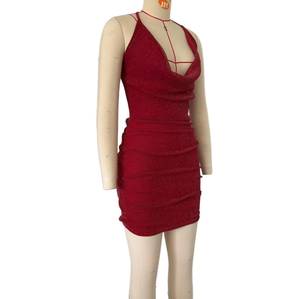 European and American style new women's clothing fashionable and sexy neck-hanging low-cut backless slim-fitting hip-wrapping party dress dress