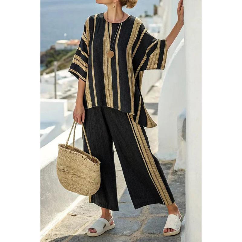 European and American summer women's clothing new 1D printing striped color matching medium-sleeved round neck top straight casual suit