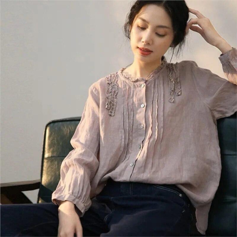 Johnature Crewneck Shirt Loose Top Women Autumn Vintage Ruffles Loose All Match Full Sleeve Female Blouses