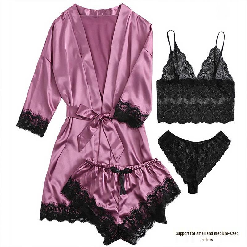 European Luxury V-neck Satin Pajama Set: Lace Cami, Five-Point Sleeve Robe, Four Pieces