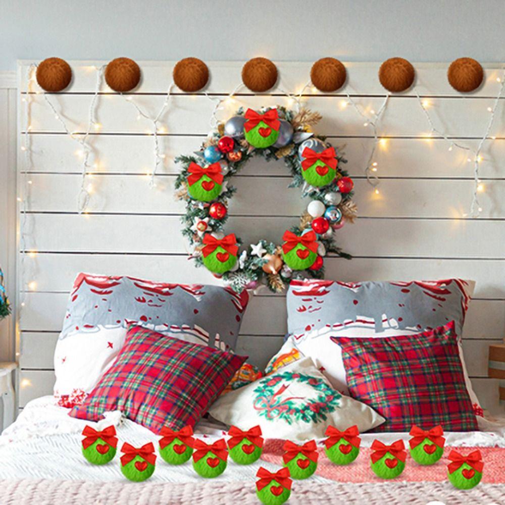 12Pcs Furry Christmas Green Elf Ball Soft DIY Green Christmas Balls 6cm with Bow and Heart Christmas Tree Hanging Decoration