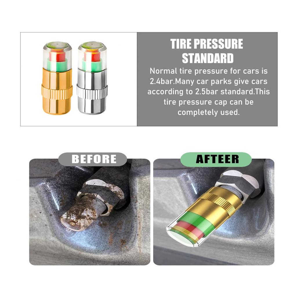4 шт. Колпачки-индикаторы давления в шинах, 2,4 бар 36 фунтов на кв. дюйм, Индикаторы давления в шинах автомобиля с 3-цветным визуальным оповещением, Универсальные колпачки для ниппелей для автомобилей