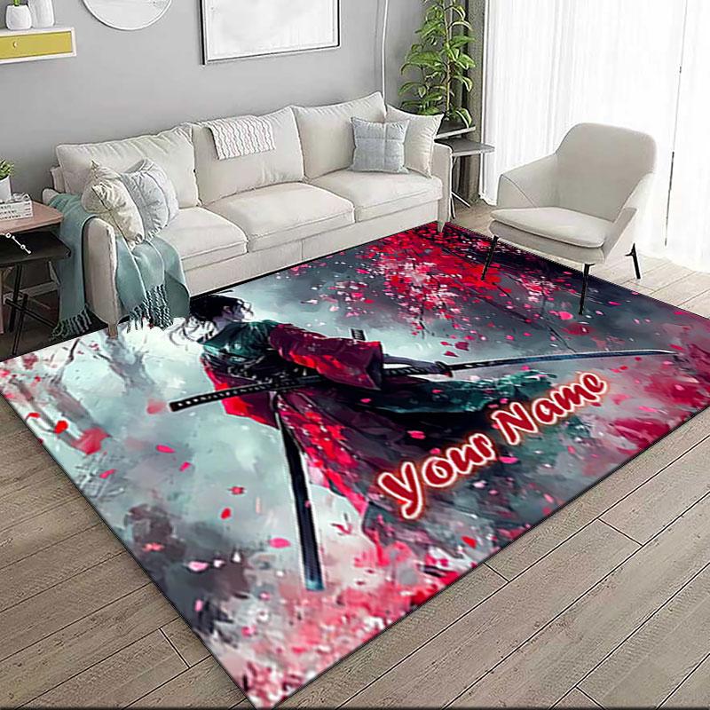 1PC Custom Name Samurai Cherry Blossom Rain Theme Floor Mat Ideal for Living Room, Game Rooms, Office, Bedroom,Floor Mat Playful Design