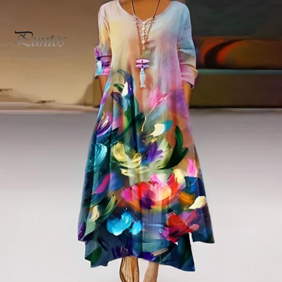 Платье весна-осень с карманами, винтажным цветочным принтом, V-образным вырезом, неровным многослойным подолом, свободное платье макси А-силуэта для повседневной работы и вечеринки