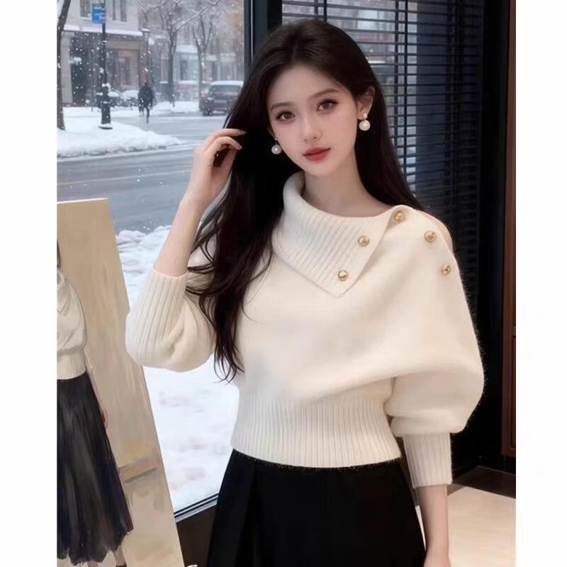 La Chapelle Elegant Off-Shoulder Lantern Sleeve Knit Top