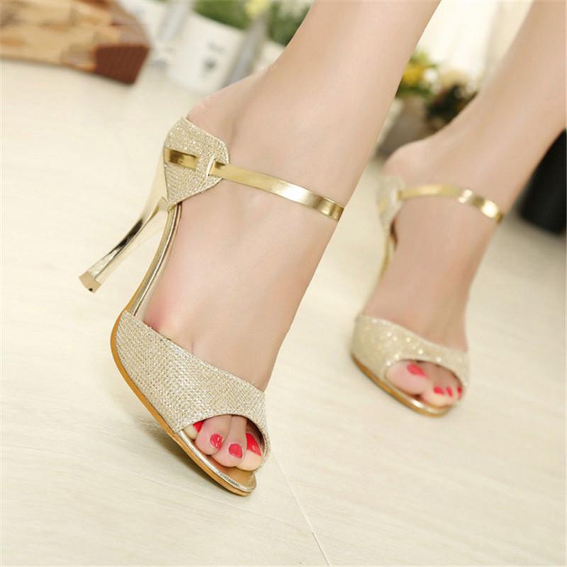 Women Sandals High Heels Peep Toe High Heels Shoes Women Wedding Shoes Gold Silver Female Footwear