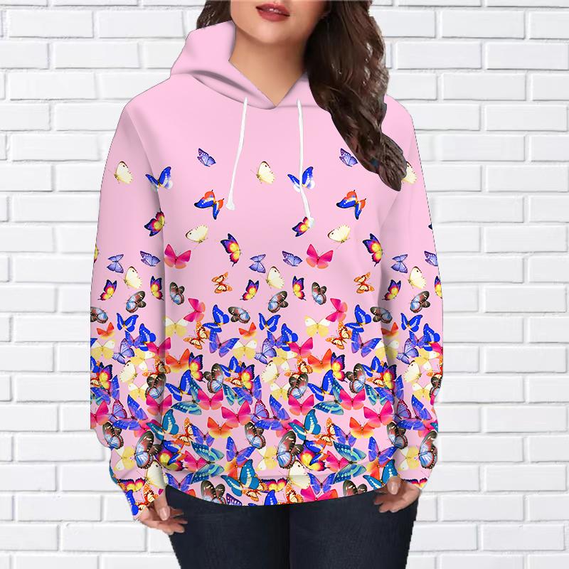 Женская мода Синяя любовь Бабочка Принт Свободные толстовки Топы Блузка Толстовка Повседневный длинный рукав Пуловер Топы