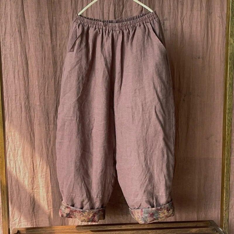 Johnature Женские винтажные льняные брюки с эластичной резинкой на талии плюс хлопковые теплые зимние брюки, однотонные свободные длинные брюки с карманами