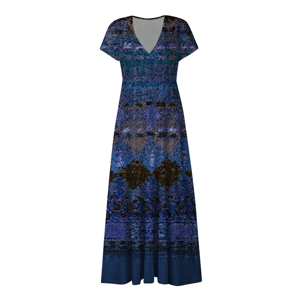 Женское длинное платье Макси-платье Повседневное платье Летнее повседневное платье с короткими рукавами и v-образным вырезом в стиле бохо с талией и принтом