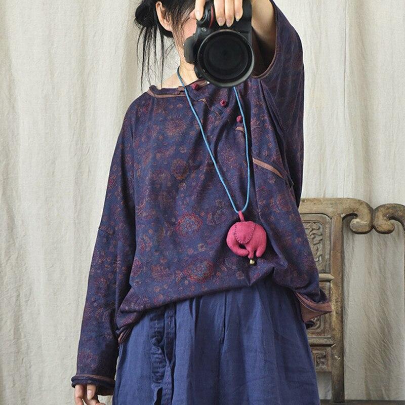 Johnature Женские футболки с цветочным принтом в китайском стиле, свободные топы с круглым вырезом и длинными рукавами, винтажные женские футболки с весенними пуговицами