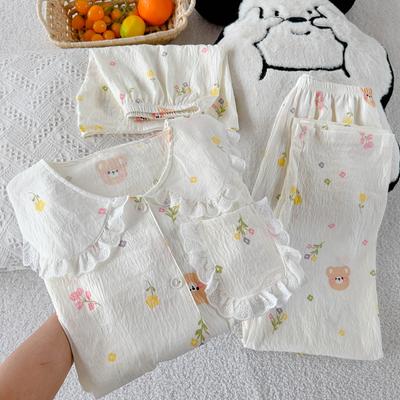 Пижама из облачного хлопка женская летняя с коротким рукавом тонкая милая мультяшная домашняя одежда кукольный воротник комплект из трех предметов