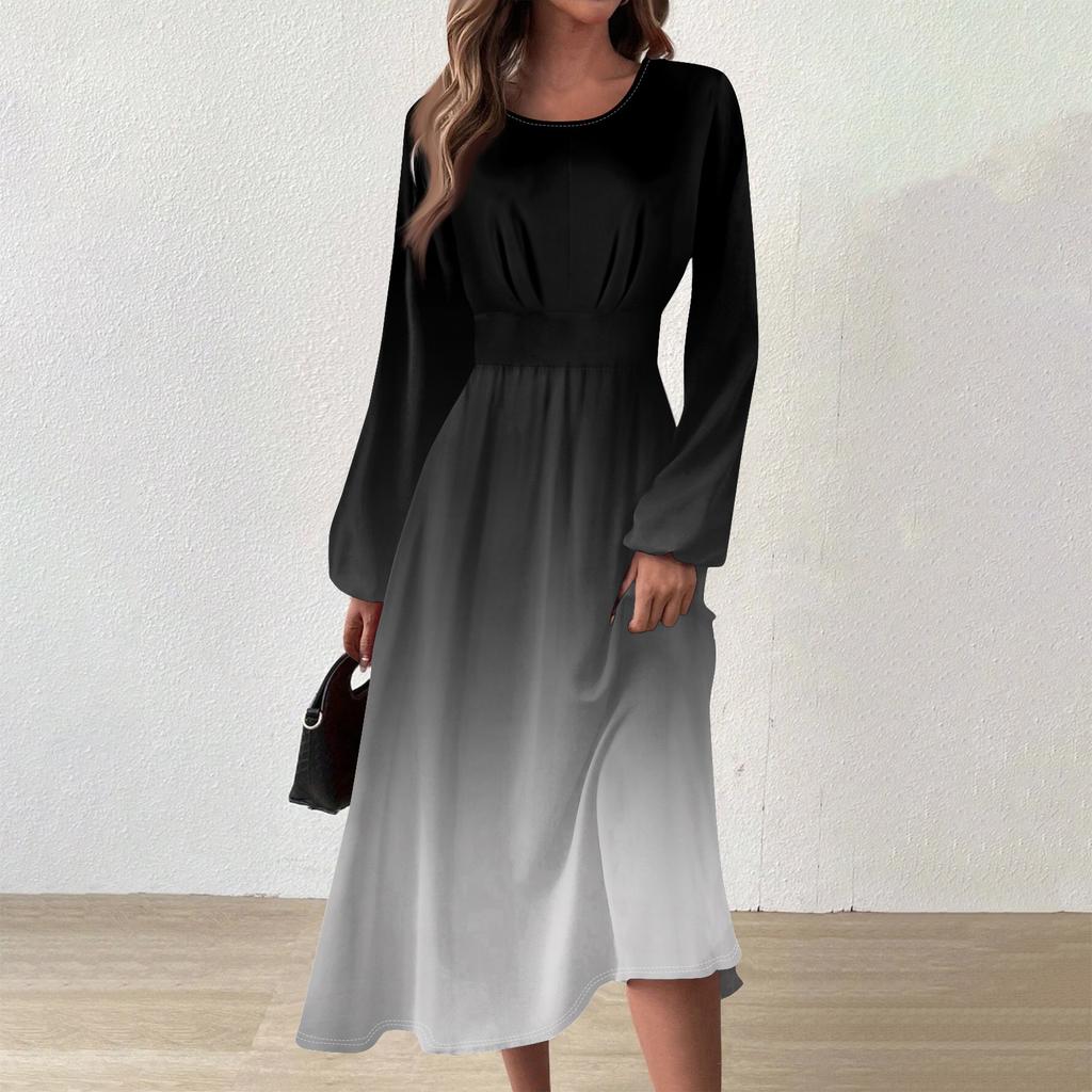 Женское осенне-зимнее повседневное модное платье с круглым вырезом и длинным рукавом с принтом