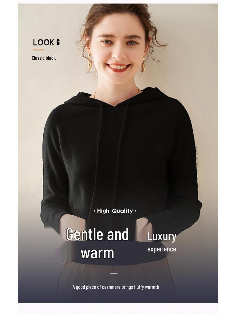 Женский кашемировый свитер с капюшоном - Осенне-зимний, свободного кроя, повседневный, вязаный пуловер с длинным рукавом
