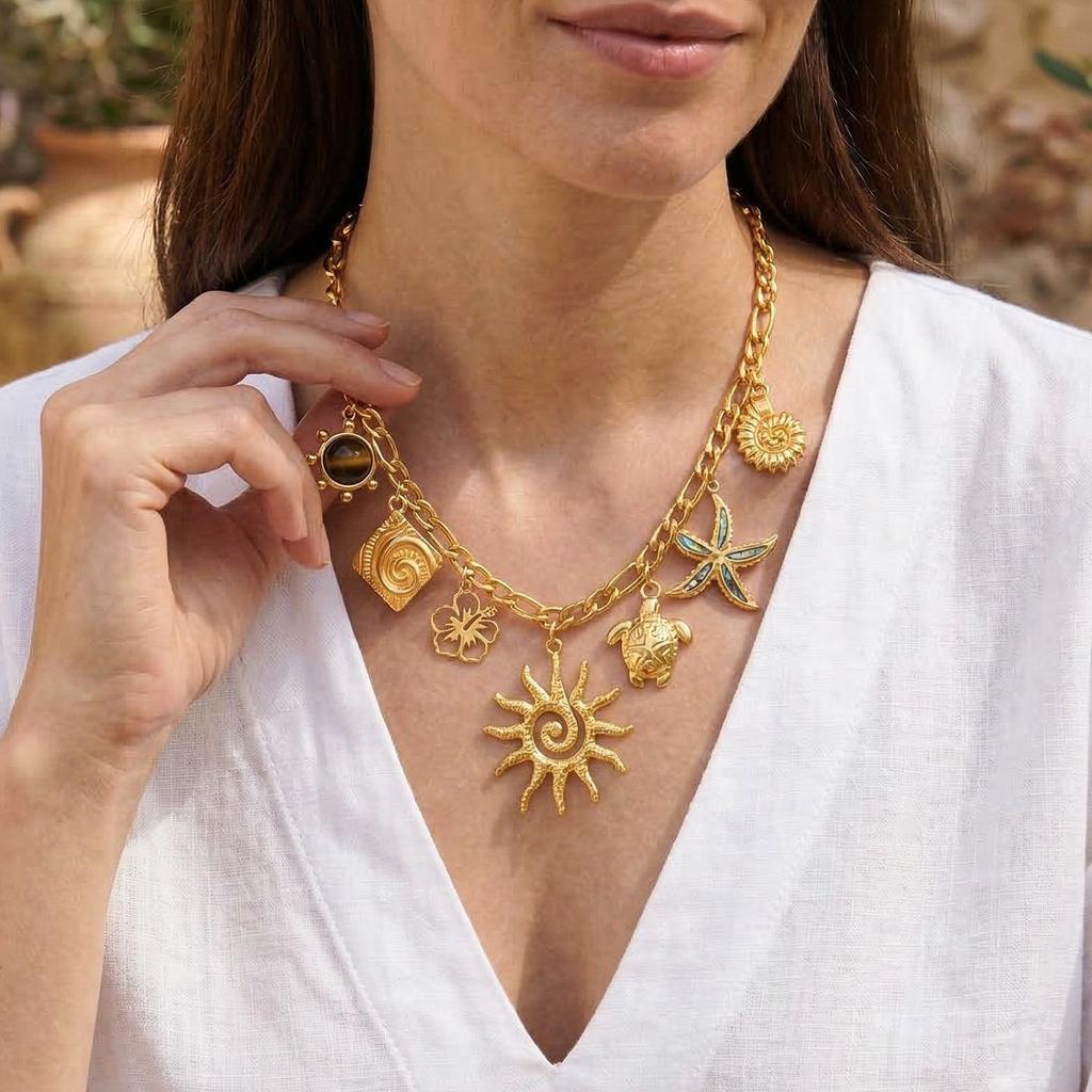 Trendy Colorful Shell Pendant From the Seaside Resort Stainless Steel Collarbone Necklace for Women