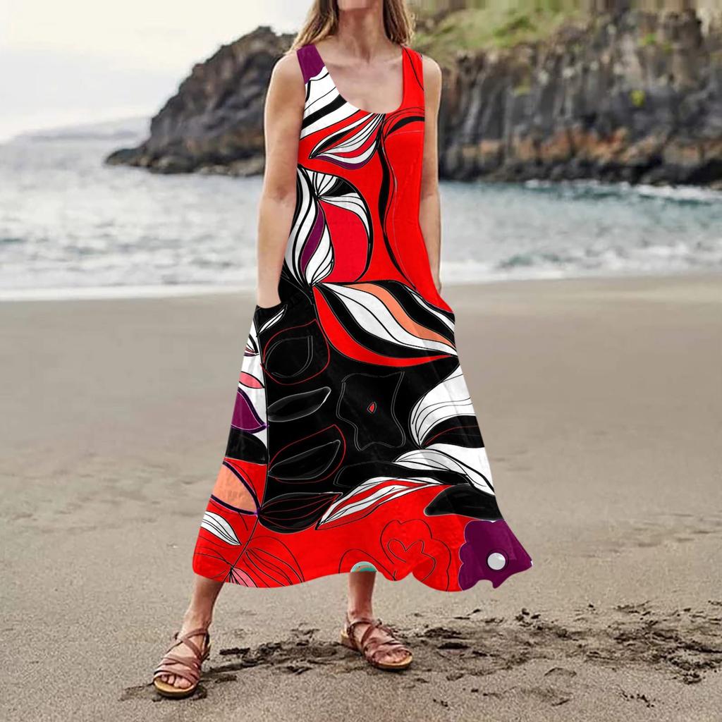 Женское повседневное удобное хлопковое карманное платье без рукавов с цветочным принтом