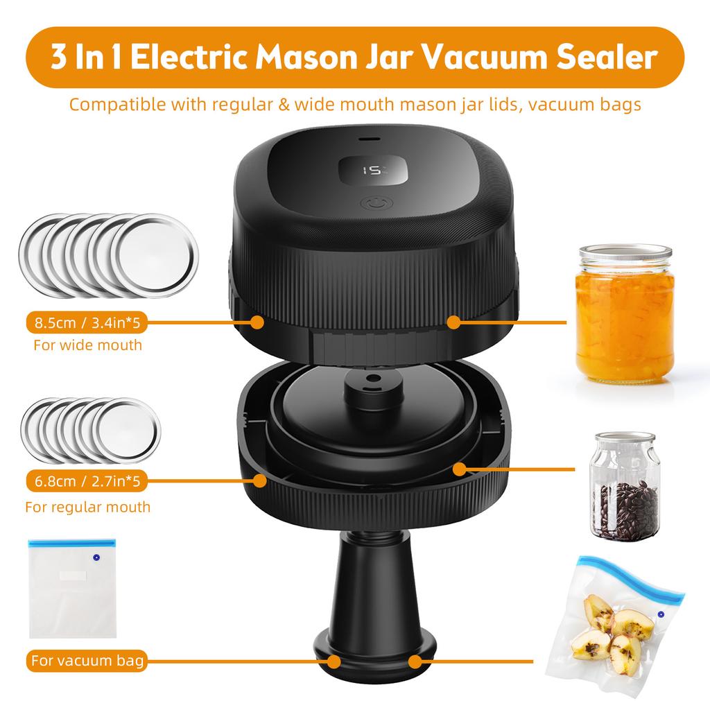 Electric Mason Jar Vacuum Sealer 60KPa Strong Suction Vacuum Sealing Machine Silent Rechargeable Portable Cordless Vacuum Sealer