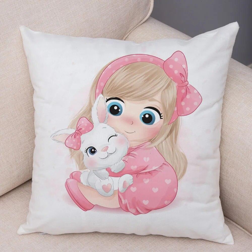 Children's Room Sofa Home Pillowcase Cute Cartoon Girl and Cat  Decoration  Animal Cushion Cover