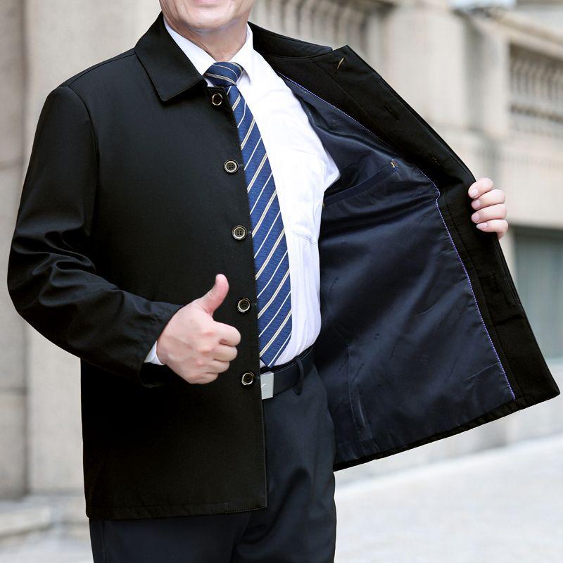 Мужская легкая повседневная куртка - Весенне-осенний стиль, Отложной воротник, Застежка на пуговицы, Свободный крой для мужчин среднего и пожилого возраста.