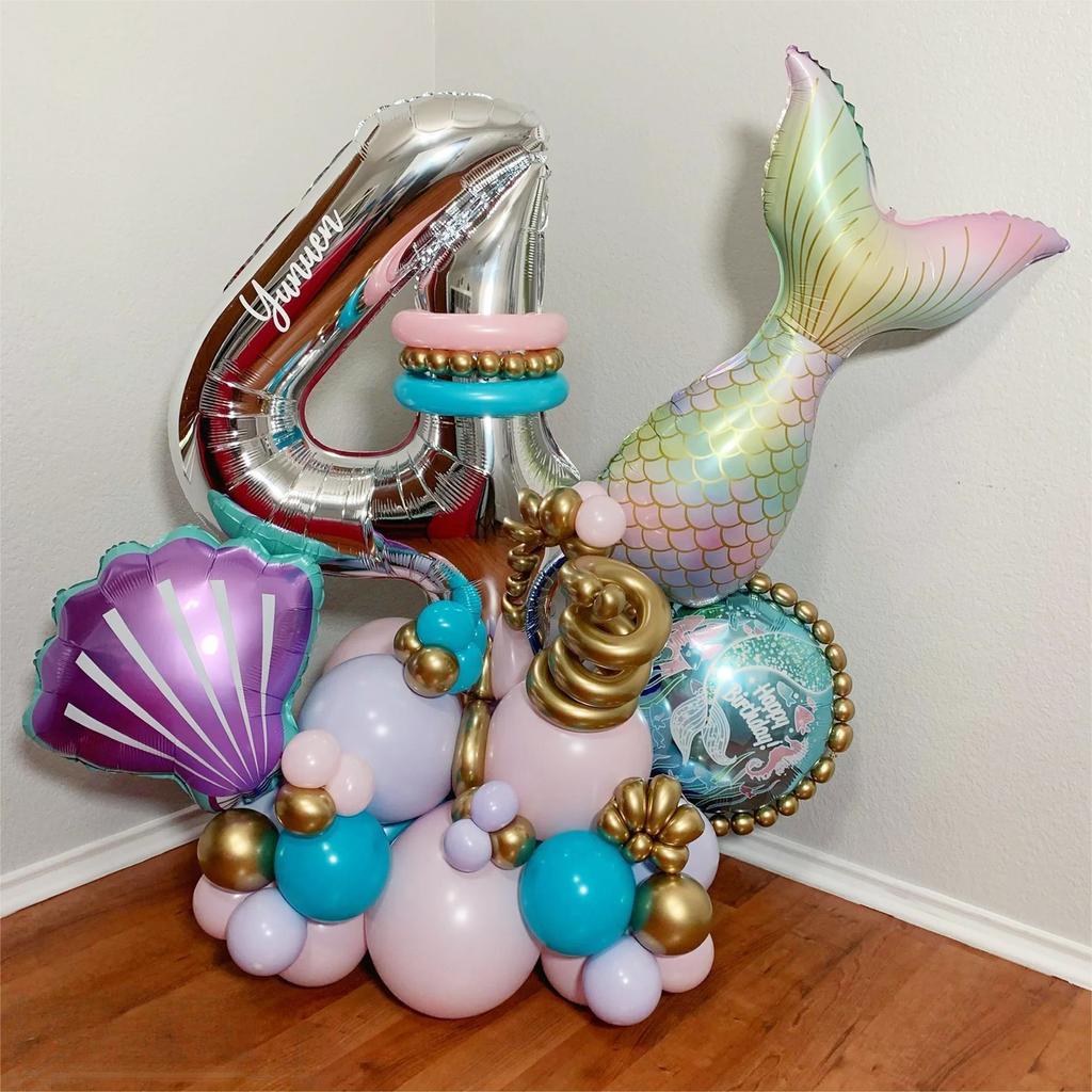 34 шт. воздушные шары с хвостом русалки, розовый, фиолетовый, воздушный шар из фольги с номером, детские украшения для дня рождения, вечерние шары с русалочкой