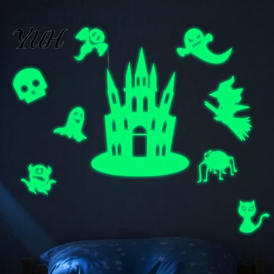 Easy Peel Stick Decorations Halloween Glow in The Dark Wall Stickers, Luminous Decals with Ghost Mysterious Castle Pattern Stickers Pumpkin