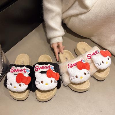 Модные туфли на платформе Hello Kitty для девочек, пушистые туфли, осенне-зимние, милые мультяшные, для улицы, теплые хлопковые туфли, повседневные хлопковые тапочки