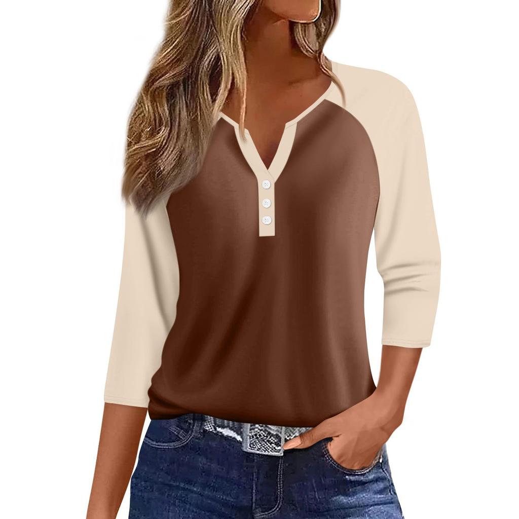 Women's Fashion Casual Raglan Sleeve Colorblock V-Neck Three-quarter Sleeve Decorative Button T-shirt Top