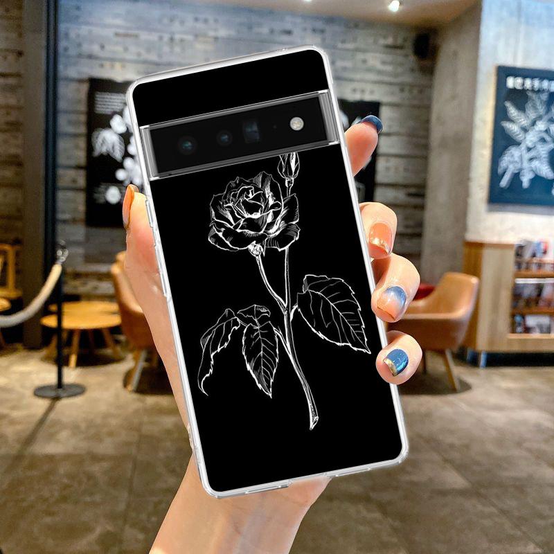 Черный чехол-накладка с цветочным принтом для Google Pixel 9 8 7 6 5 4 XL, противоударный силиконовый, 7A 6A 5A 4A 3A XL Pro 5G, прозрачный корпус, сумка