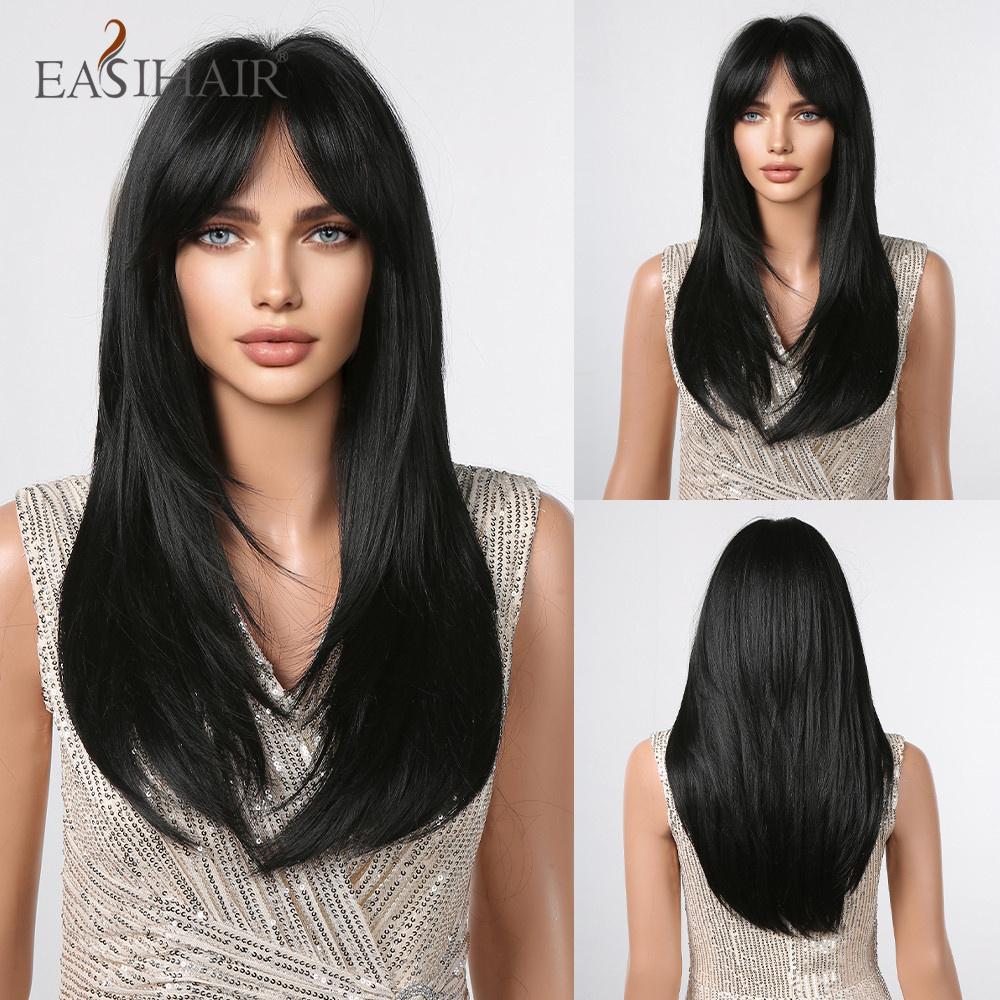 EASIHAIR Темно-коричневые черные синтетические парики с челкой, средней длины, прямые, слоистые, натуральные волосы для женщин, для повседневного ношения, косплея, термостойкие