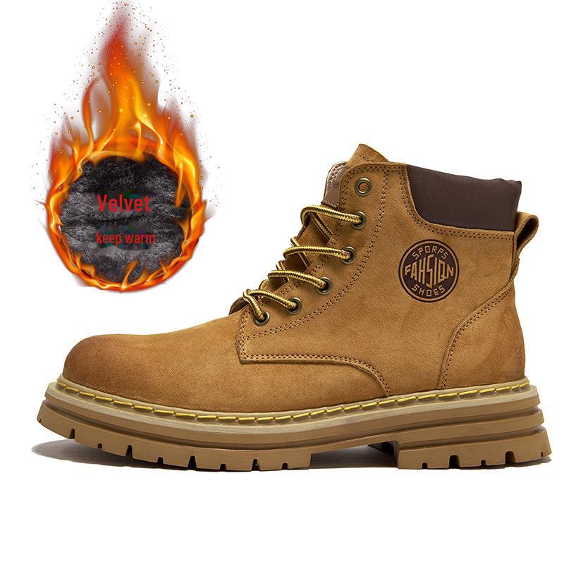 Мужские бархатные высокие ботинки Martin: Желтые зимние рабочие и снегоступы из натуральной кожи, хлопковая обувь для пар.