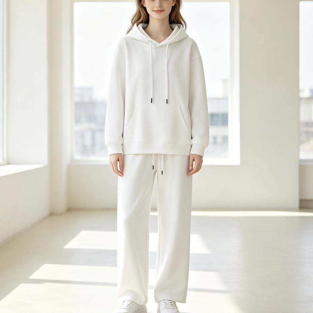 Women's Heavyweight Autumn/Winter Drop Shoulder Hoodie & Flat Hem Sweatpants Set - Trendy Loose Pullover Fashion.