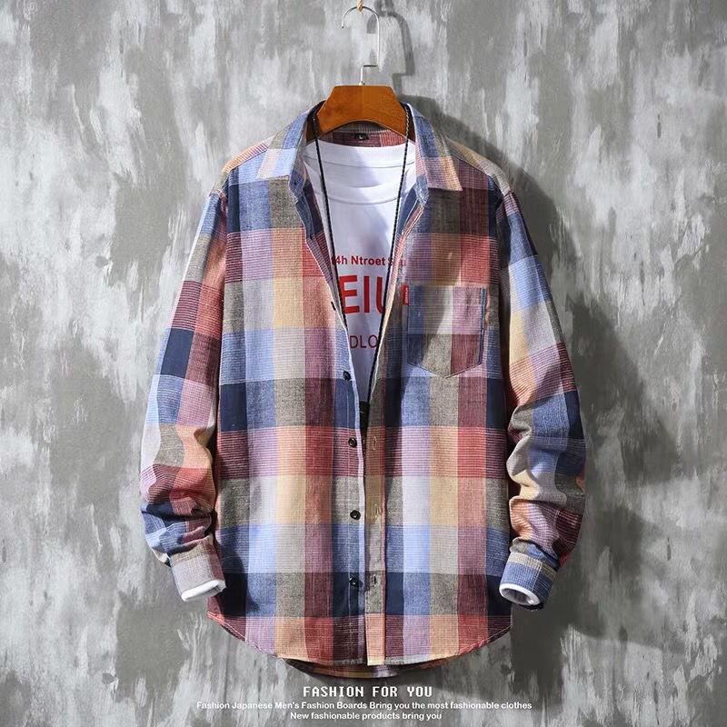 Men's Long-Sleeve Plaid Shirt - Autumn Hong Kong Style, Trendy Korean Slim Fit, Casual Jacket for Couples