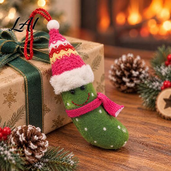 Festive Party Tree Decor Christmas Pickle Ornament for Tree Plush Decoration with Santa Hat Soft Charms Funny Green Cucumber Hanging German