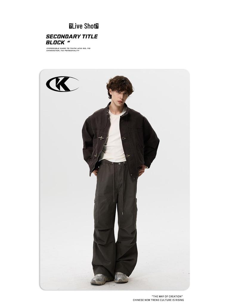 Унисекс Ретро Темно-коричневая куртка с авиационной пряжкой 11KN: Стирка, Потертый, Верхняя одежда с коротким воротником-стойкой