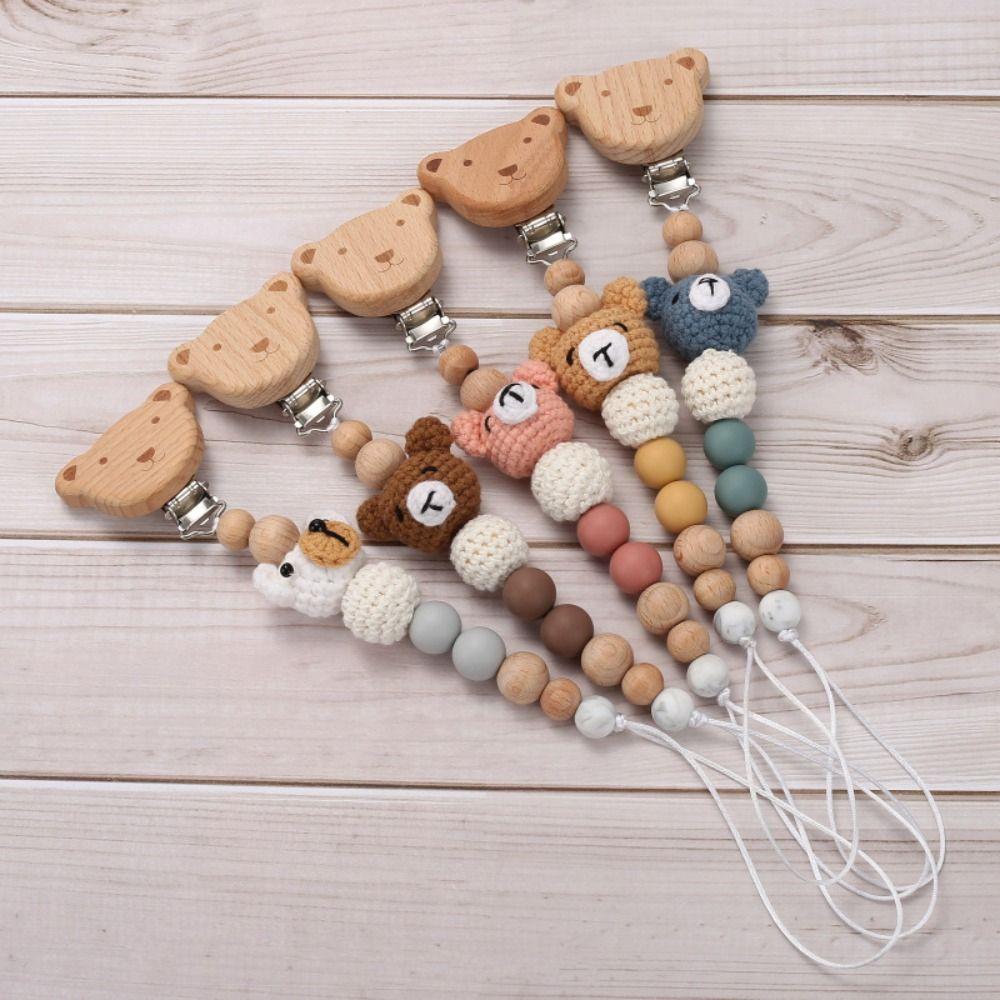 Wood Pacifier Holder Clips Bear Baby Teether Toys Straps Cute Baby Pacifier Chain  Baby
