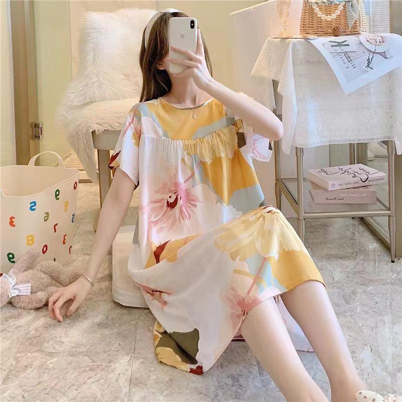 Women's Cotton Silk Mid-Length Nightgown - Summer Pajamas Plus Size Homewear for Middle-Aged and Elderly