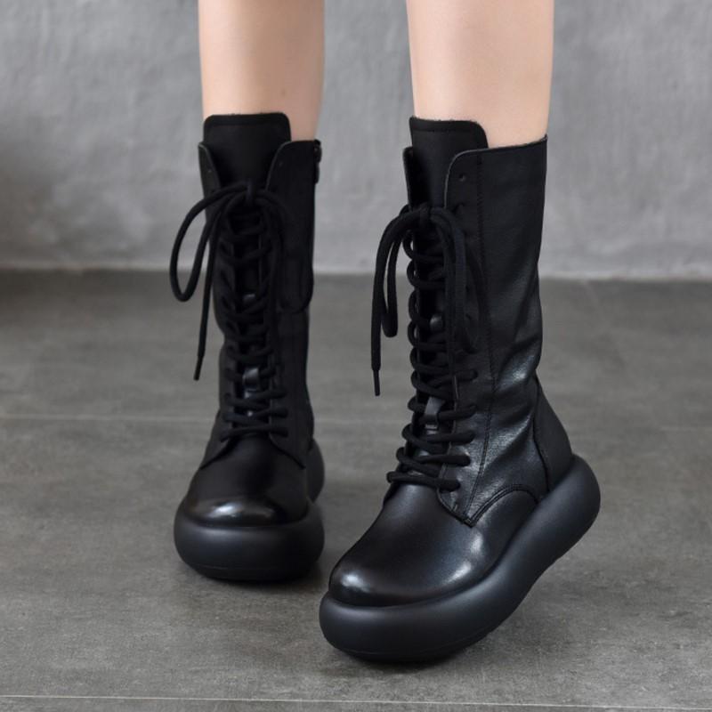 Johnature Ботинки до середины икры из натуральной кожи с круглым носком и толстой подошвой, в стиле ретро, на шнуровке, с боковой молнией, универсальные женские ботинки
