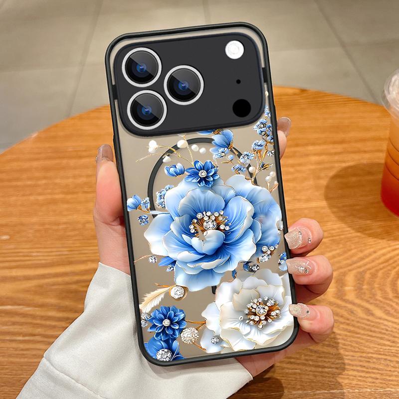 Translucent Matte Magnetic Case For iPhone 17 16 15 Pro 14 13 Pro Max 16e 17e For Magsafe Floral Pattern Hard PC Phone Cover