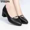 Heart-shaped Buckle Black High-heeled Leather Shoes Women Pointed Toe Pumps Shallow Slip-on Commuter Work Shoes Solid Casual Comfortable Soft Leather