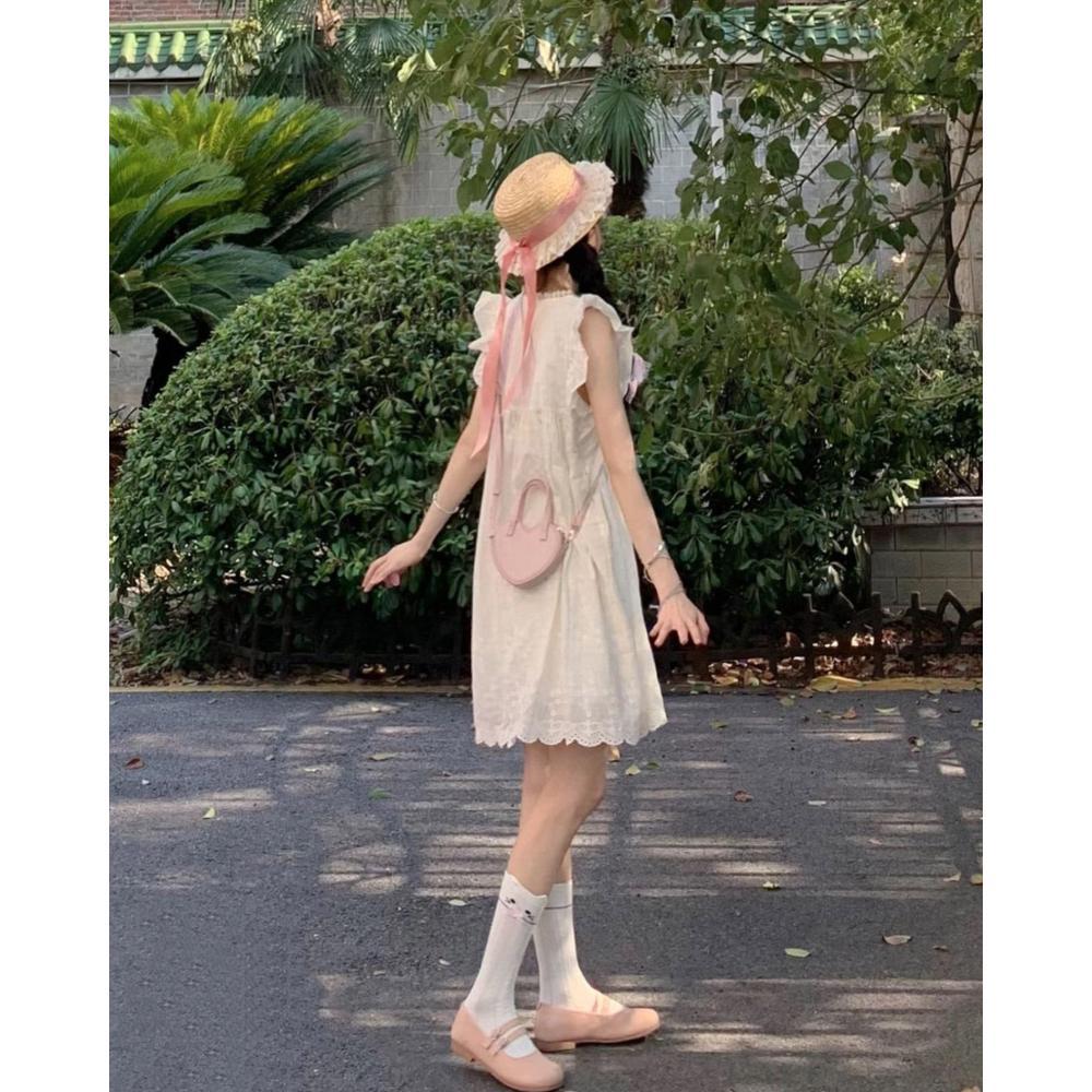 Summer Female Elf Round Neck Lace Small Flying Sleeve Embroidery Dress Casual New Small Summer Dress
