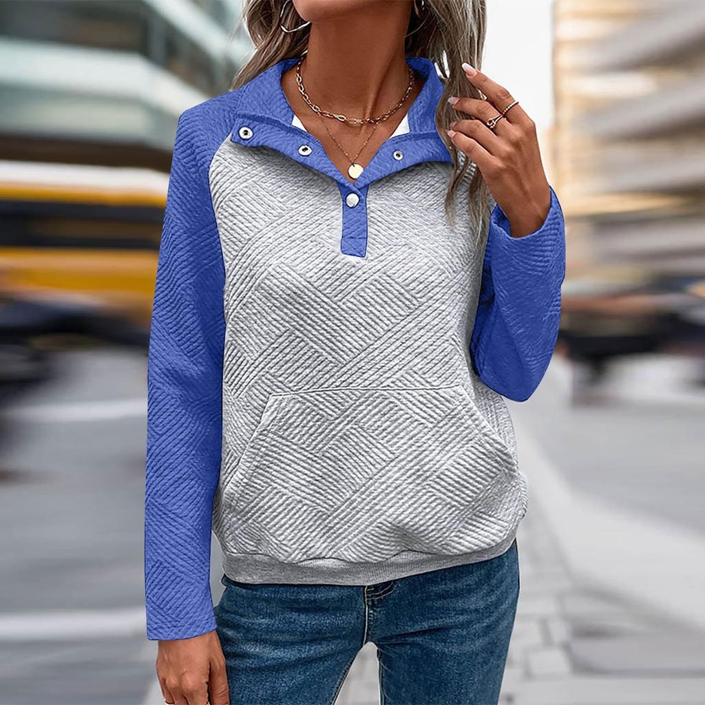 Женская повседневная и удобная толстовка с v-образным вырезом и воротником-стойкой контрастного цвета с длинными рукавами в стиле пэчворк